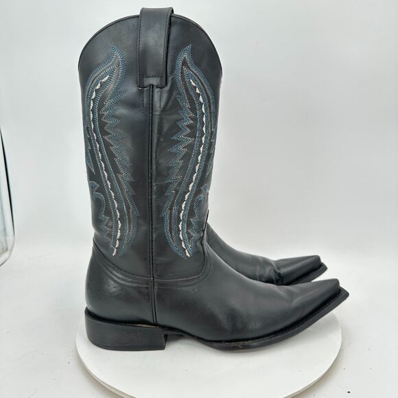 Je Ver Men Size 27 / 8.5 Black Teal Leather Pointed Toe Cowboy Western Boot - Picture 4 of 15